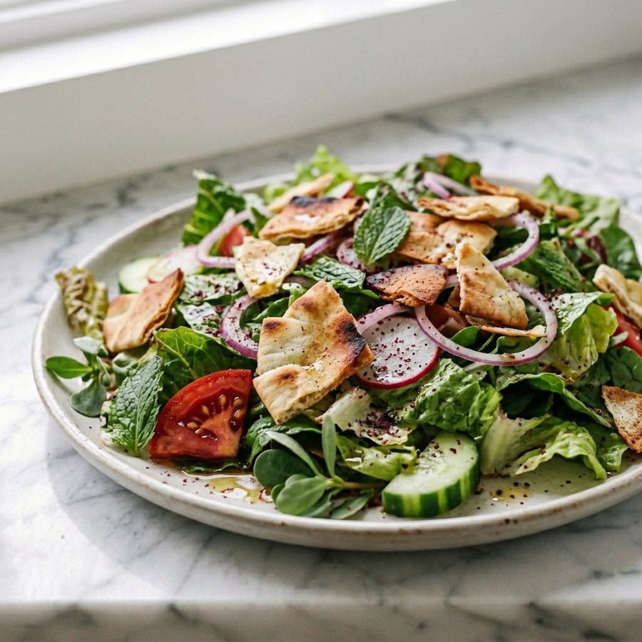 Fattoush, salada árabe crocante com pão sírio tostado