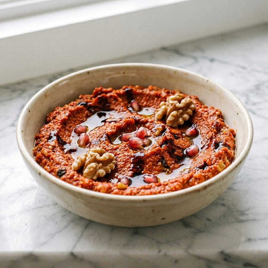 Muhammara, pasta árabe de pimentão defumado e nozes